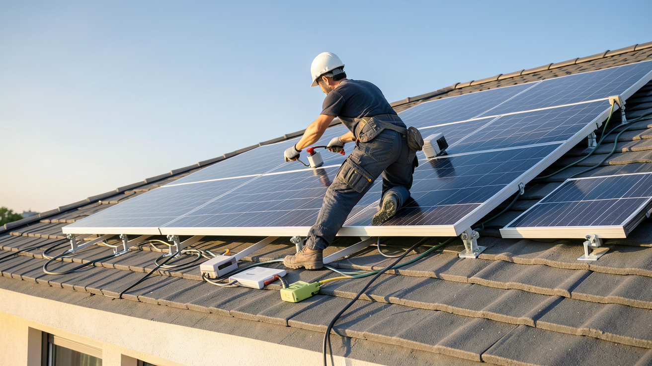 les panneaux solaires prix moyen 2024 avec pose illustré par un professionnel installant des panneaux sur un toit de maison