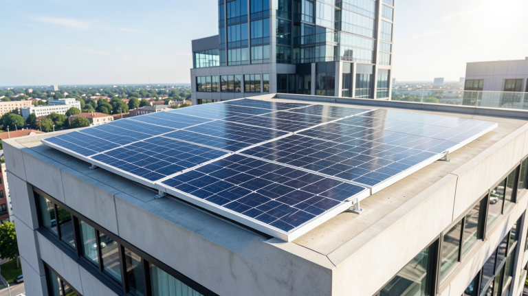 lg panneau solaire installé sur le toit d'un bâtiment d'entreprise moderne