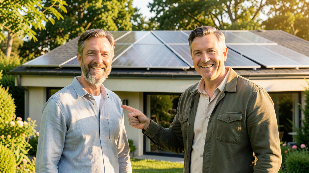lg photovoltaique installé sur le toit d'une maison résidentielle avec un client satisfait en arrière-plan