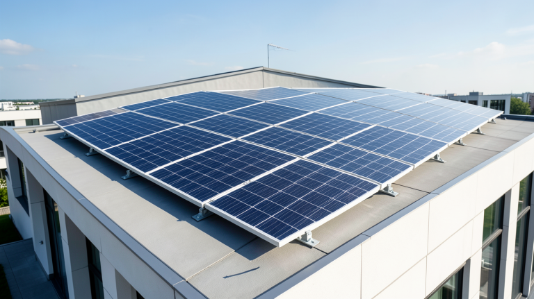 lg photovoltaique installé sur le toit d'un bâtiment commercial, panneaux solaires élégants et lumineux