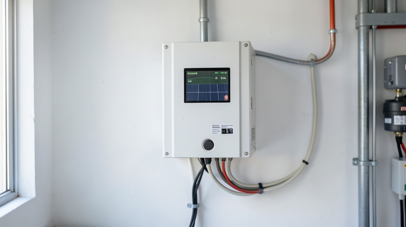 local onduleur photovoltaïque installé proprement sur un mur dans un espace technique intérieur