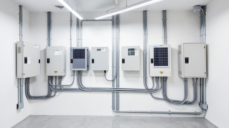 local onduleur photovoltaïque propre et moderne avec plusieurs appareils de conversion d'énergie fixés au mur