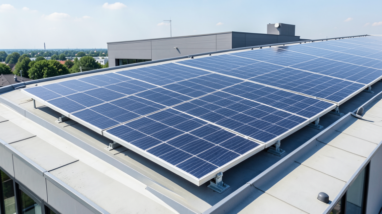 m2 panneau photovoltaique montrant la surface d'un panneau solaire sur un toit urbain, lumière du jour, rendu ultra réaliste.