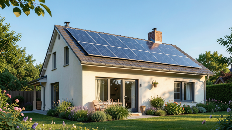 maison avec panneau solaire moderne intégrée à un jardin verdoyant, panneaux photovoltaïques brillants capturant le soleil