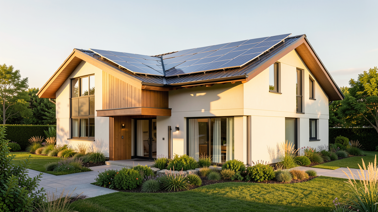 maison avec panneau solaire installée sur le toit d'une résidence moderne et lumineuse