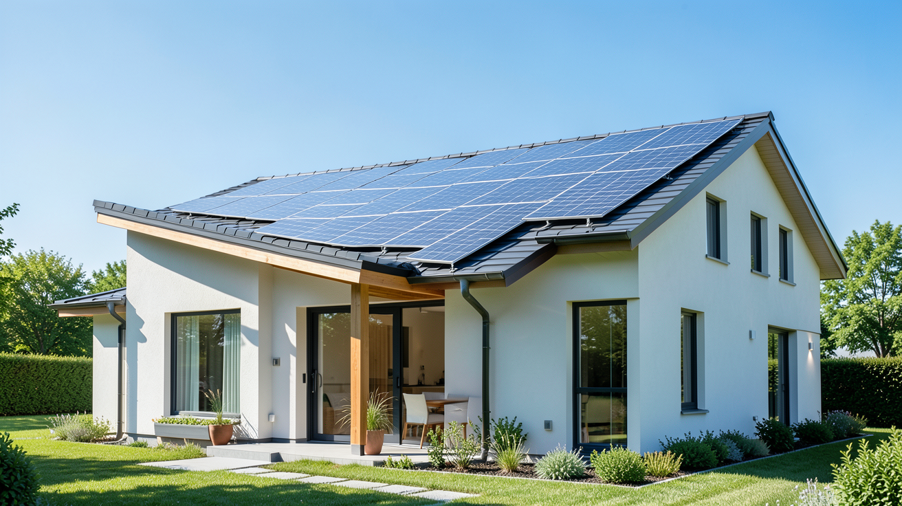maison avec panneau solaire installée sur une toiture moderne sous un soleil radieux