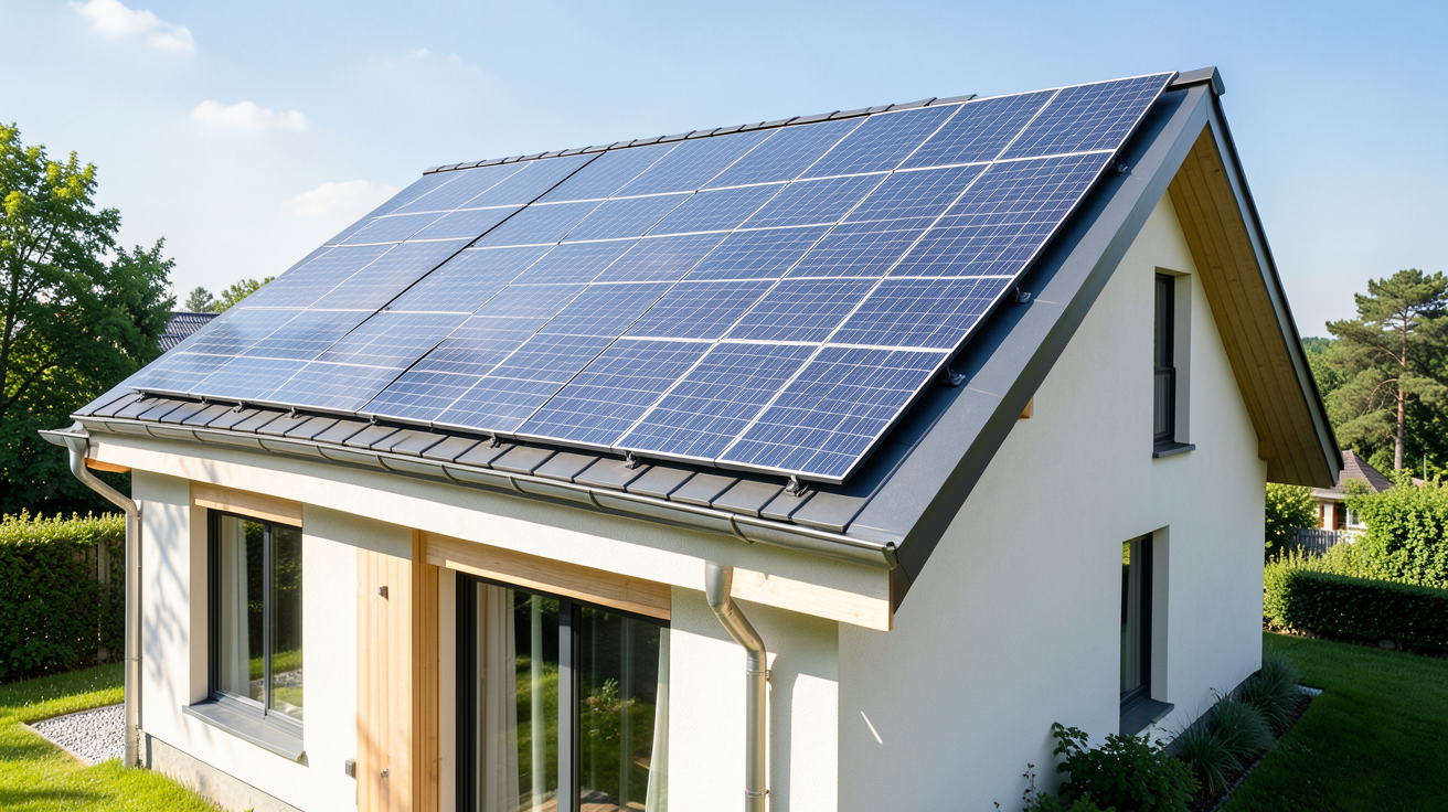 maison avec panneau solaire installés sur un toit incliné pour optimiser la capture d'énergie