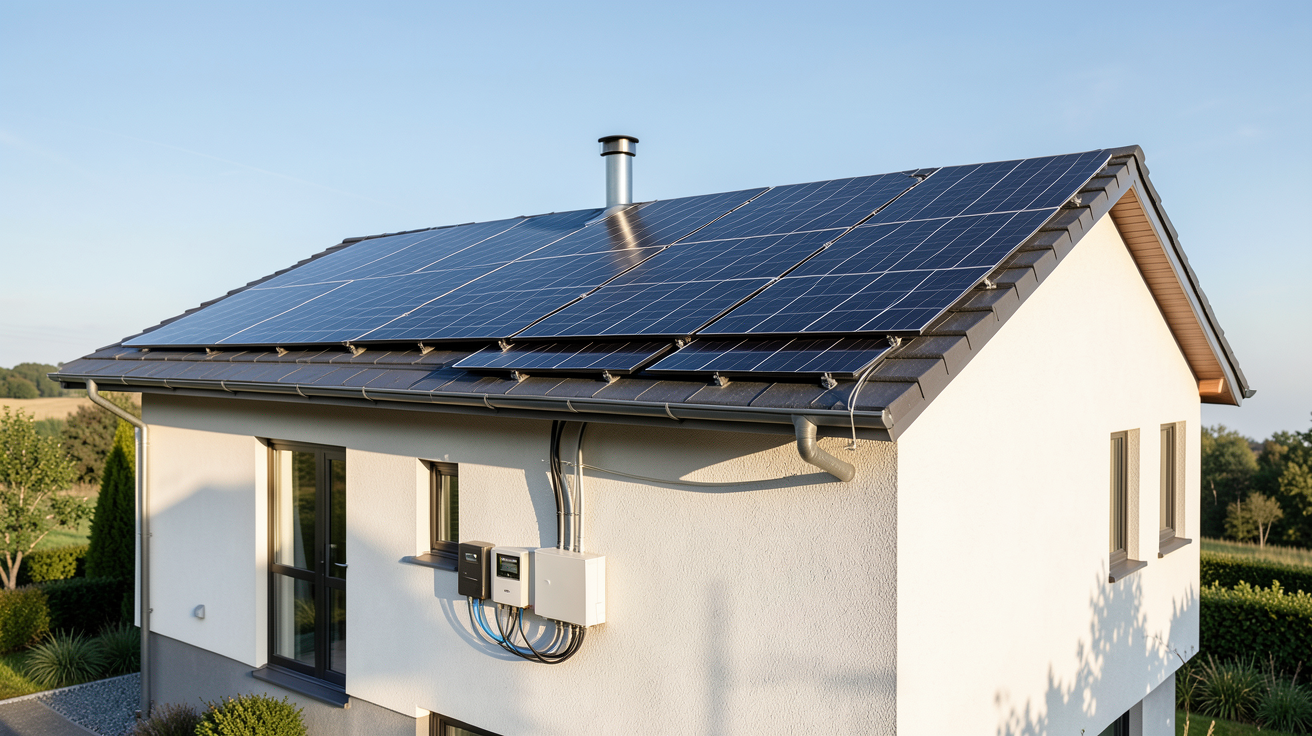 maison équipée d'un kit solaire plug-and-play sur le toit, panneaux solaires noirs et micro-onduleurs visibles