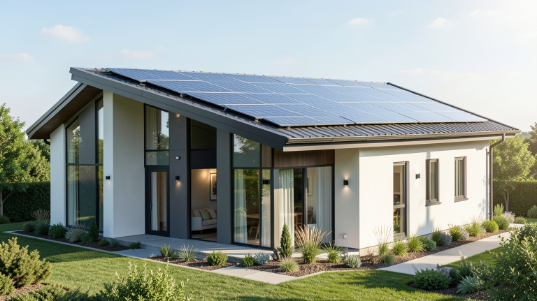 maison panneau solaire montrant une habitation contemporaine avec des panneaux photovoltaïques installés sur le toit, éclairage naturel et environnement verdoyant