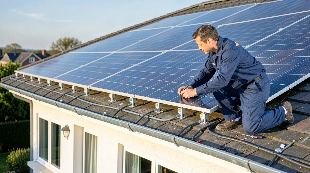 maison photovoltaïque avec installation de panneaux solaires sur le toit, technicien en train de fixer les panneaux