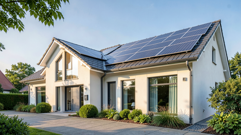 maison photovoltaïque avec panneaux solaires sur le toit, vue extérieure