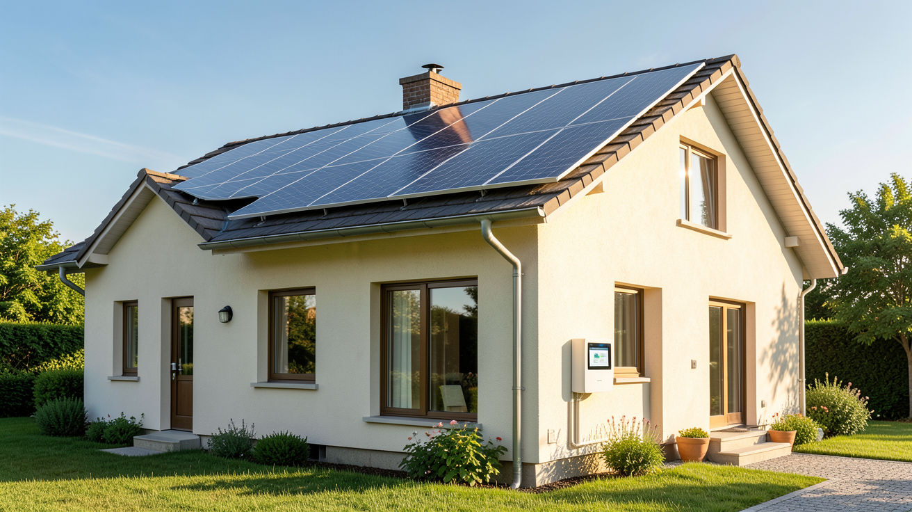 maison solaire équipée de panneaux photovoltaïques pour l'autoconsommation et d'un système de gestion énergétique optimisé