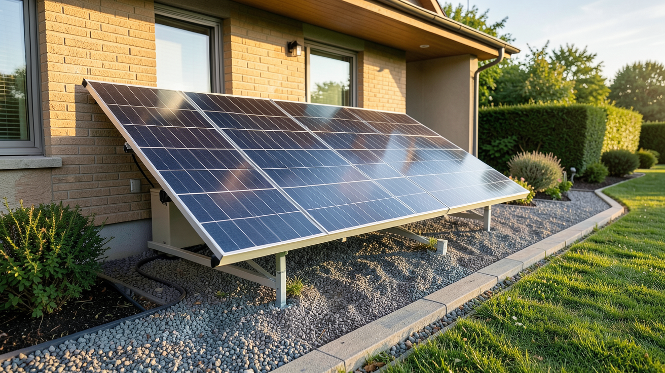 maison solaire autonome avec batterie solaire moderne installée à l'extérieur