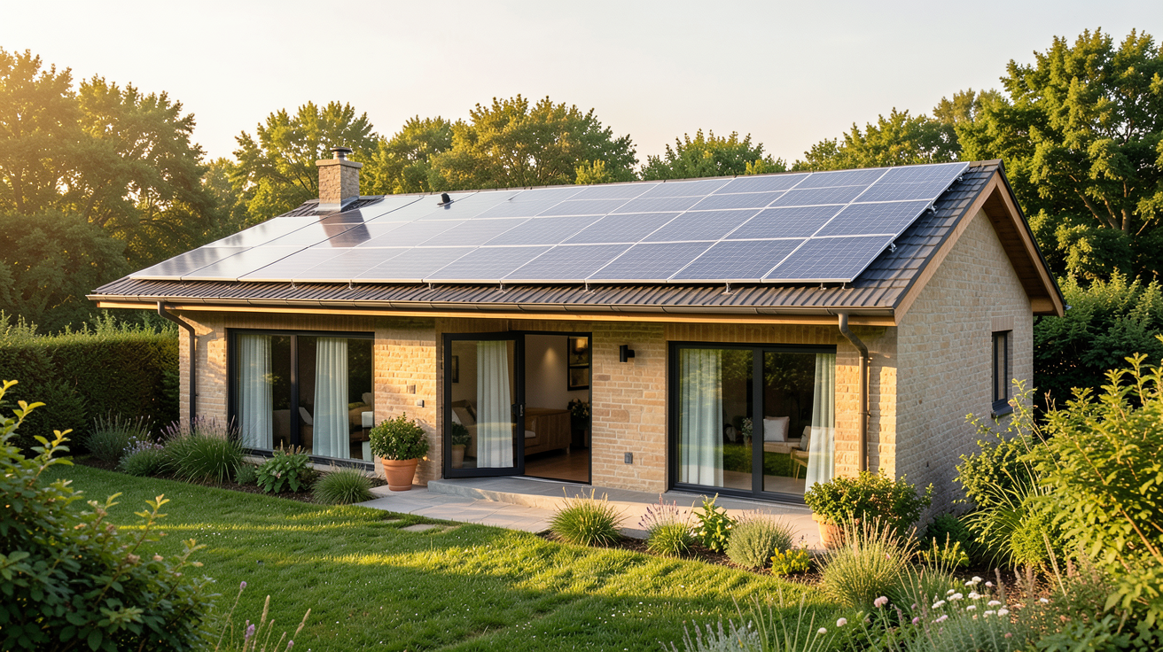 maison solaire autonome avec panneaux solaires sur le toit, vue extérieure en lumière naturelle