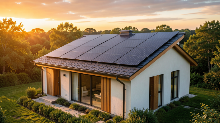 maison solaire autonome équipée de panneaux solaires sur un toit moderne