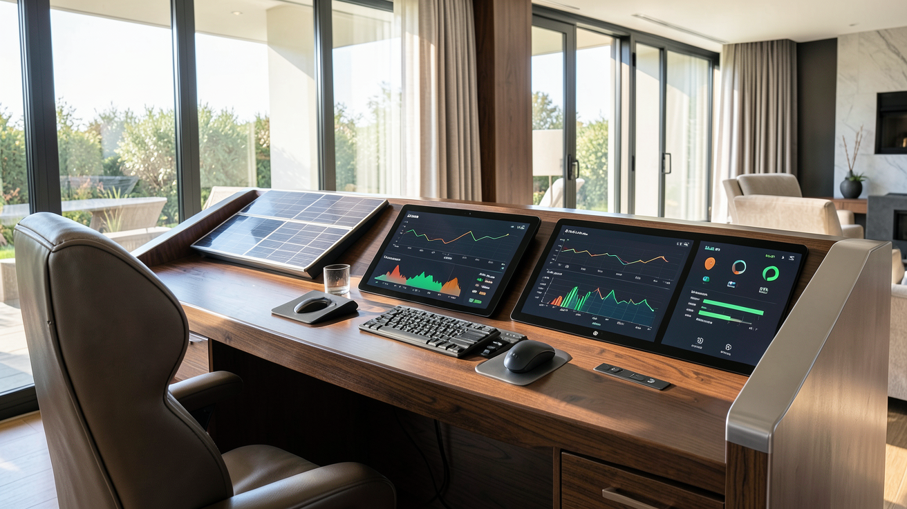 maison solaire autonome affichant un tableau de bord intelligent de gestion énergétique avec écrans tactiles