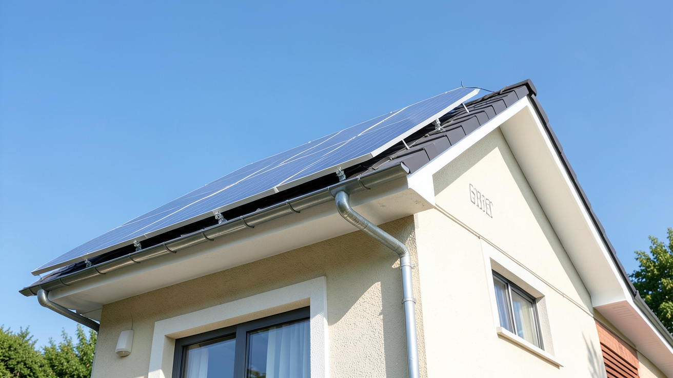 maison solaire avec panneaux photovoltaïques installés sur le toit, vue en contre-plongée