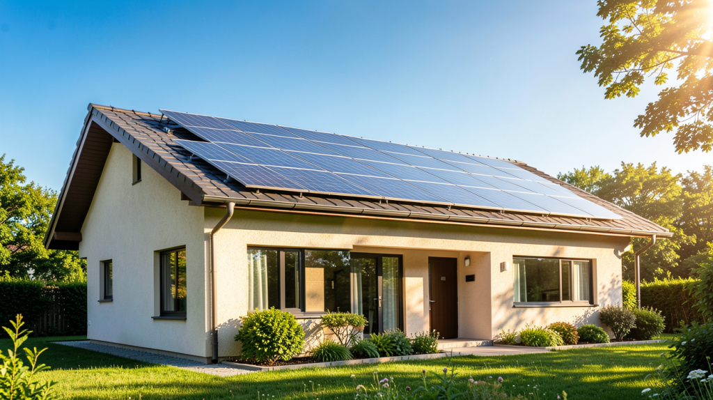 maison solaire avec des panneaux photovoltaïques sur le toit sous un ciel bleu