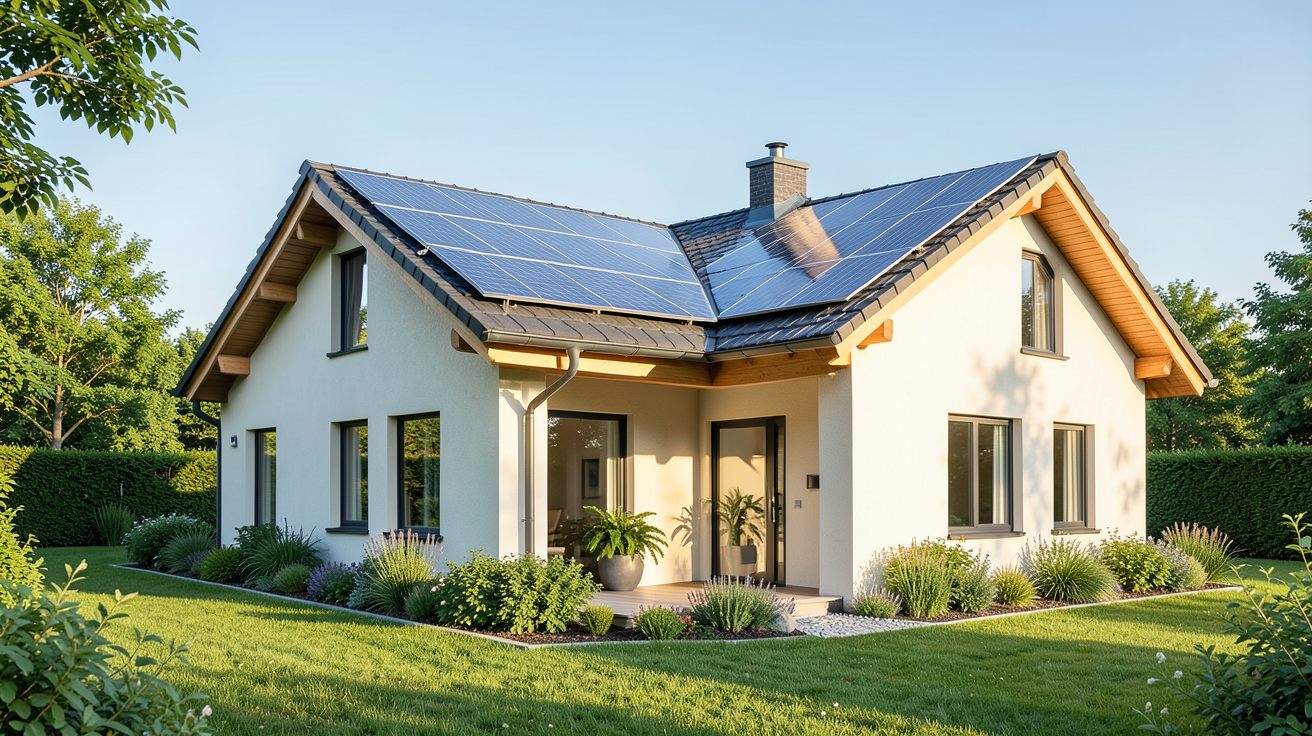 maison verte avec panneaux photovoltaïques sur le toit illustrant les aides financières 2026 pour l'installation photovoltaïque