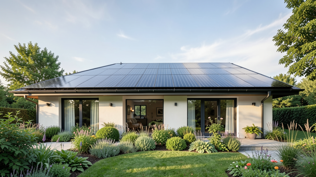 maison verte avec panneaux photovoltaïques sur le toit, entourée d'un jardin naturel et lumineux
