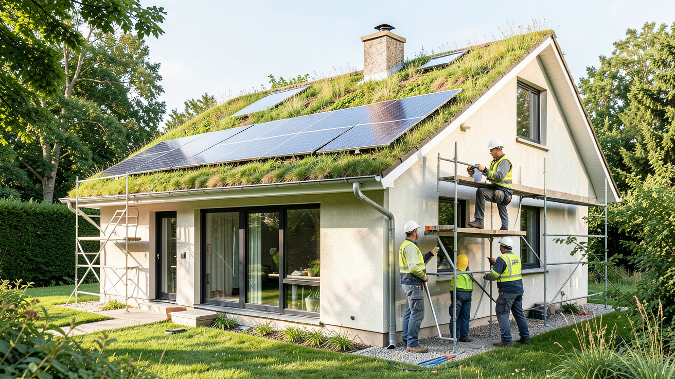 maison verte avec panneaux photovoltaïques en cours d'installation par des techniciens professionnels