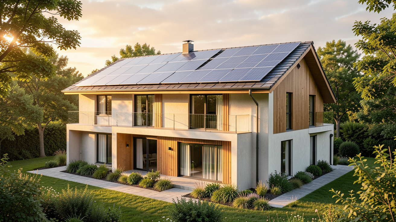 maison verte avec panneaux photovoltaïques intégrés dans la toiture