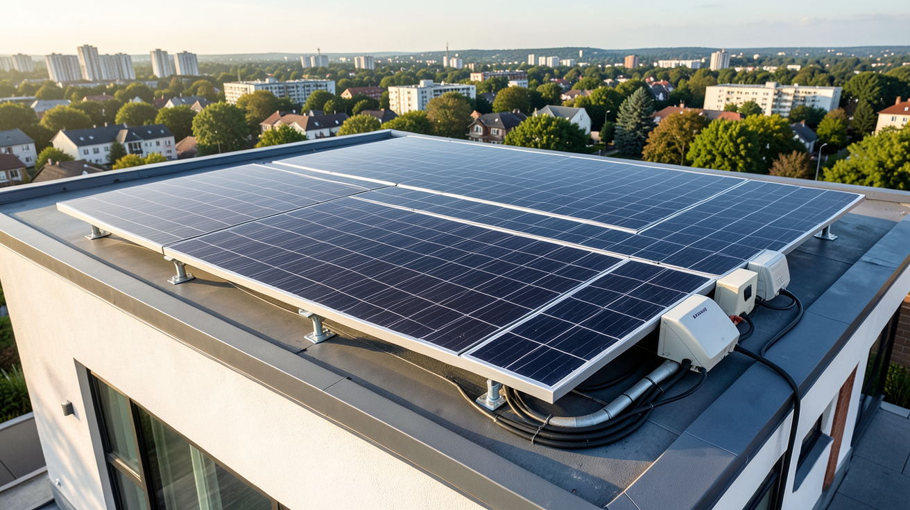 manomano panneau solaire kit 3000W installé sur toit de maison moderne avec onduleur et supports de fixation