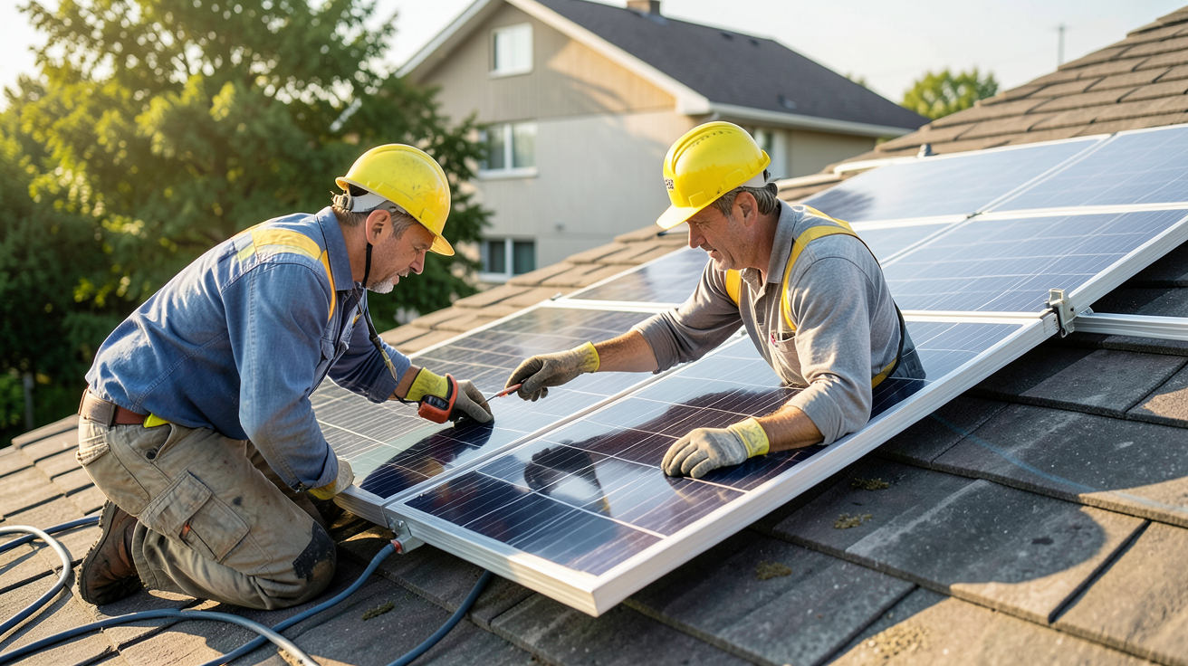 mc solar panneau photovoltaïque processus d'installation étape par étape montrant un technicien installant un panneau solaire sur un toit