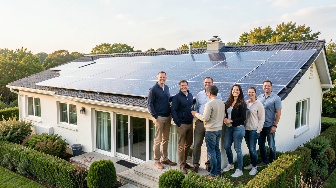 mc solar panneaux solaires avis clients montrant des utilisateurs satisfaits devant leur installation solaire