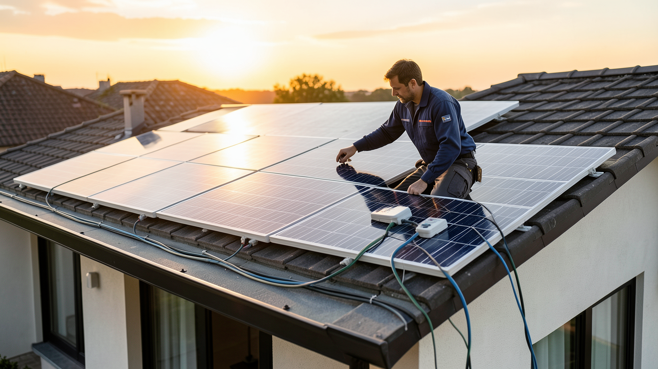 mc solar photovoltaïque : technicien installant des panneaux solaires sur le toit d'une maison moderne lors des étapes d'un projet photovoltaïque