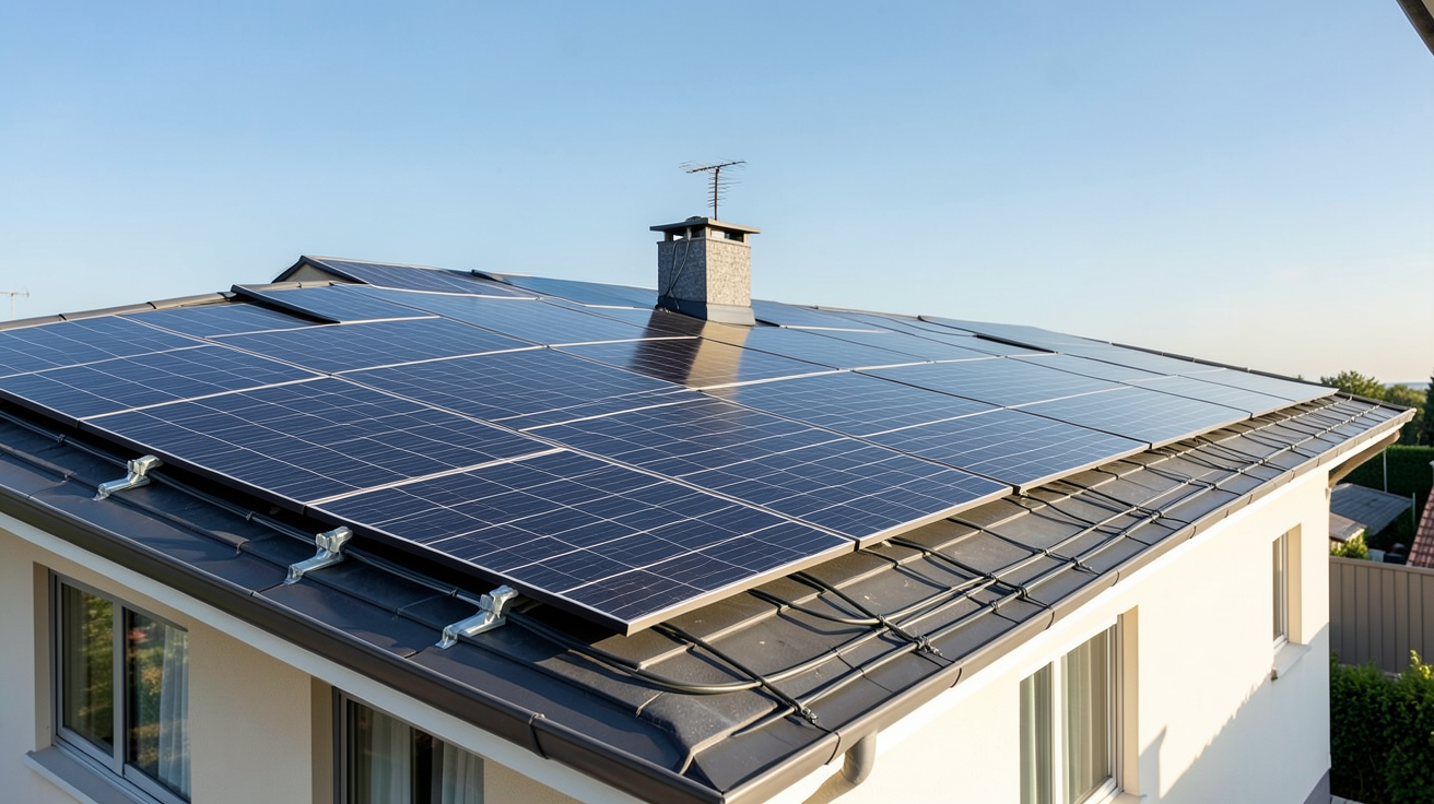 mc solar photovoltaique installation sur le toit d'une maison avec panneaux solaires noirs