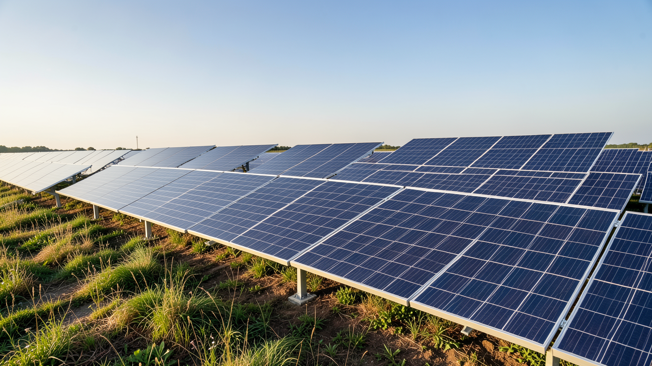 méga panneaux photovoltaïques installés en champ ouvert sous un ciel dégagé