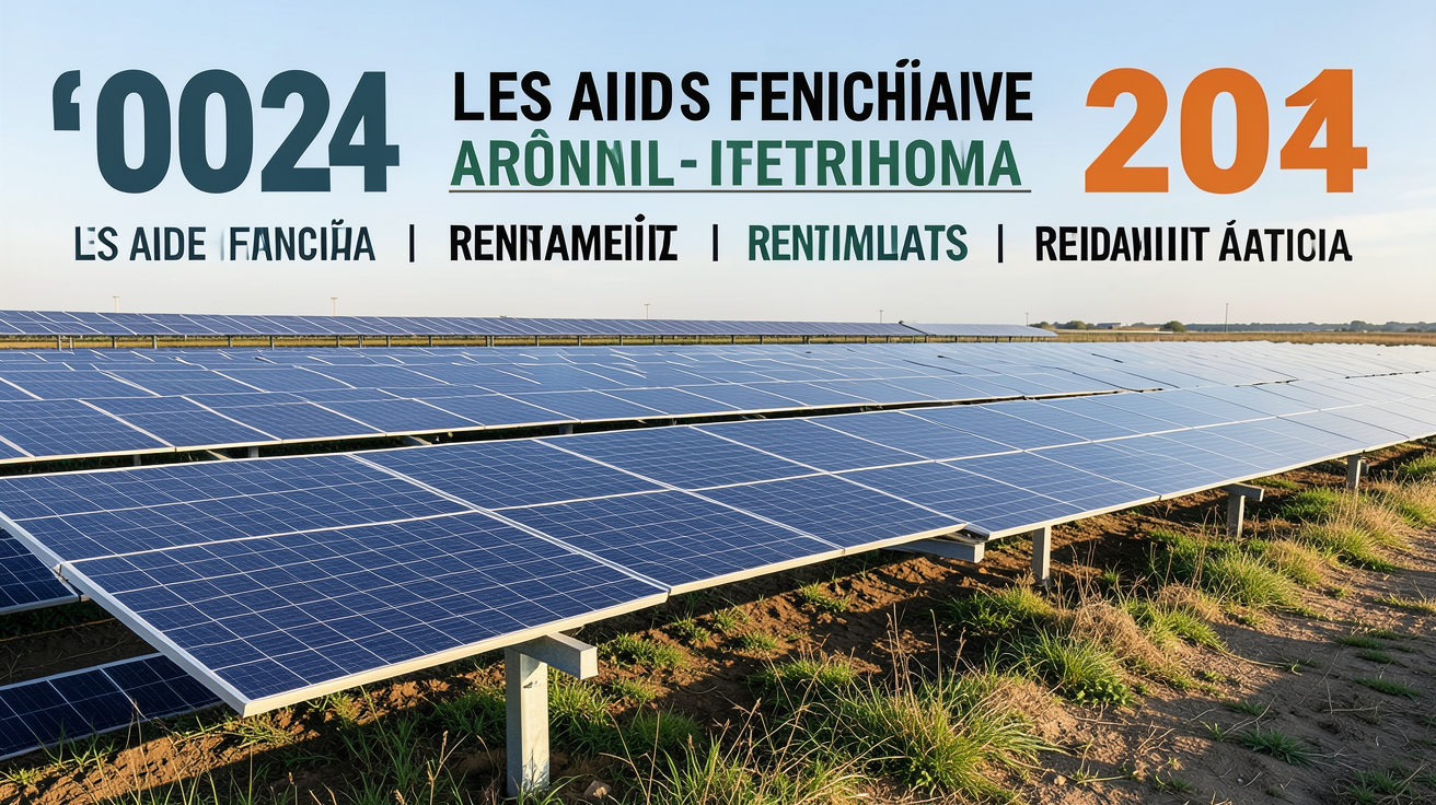 mega panneaux photovoltaiques montrant une rangée de panneaux solaires géants avec des indications de coût et d'aides financières en 2024