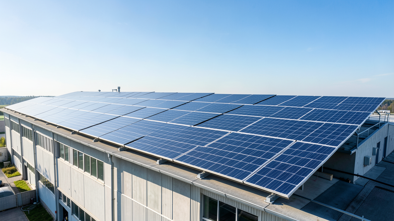 méga panneaux photovoltaïques installation clé en main avec Mega et Svea Solar sur un toit industriel