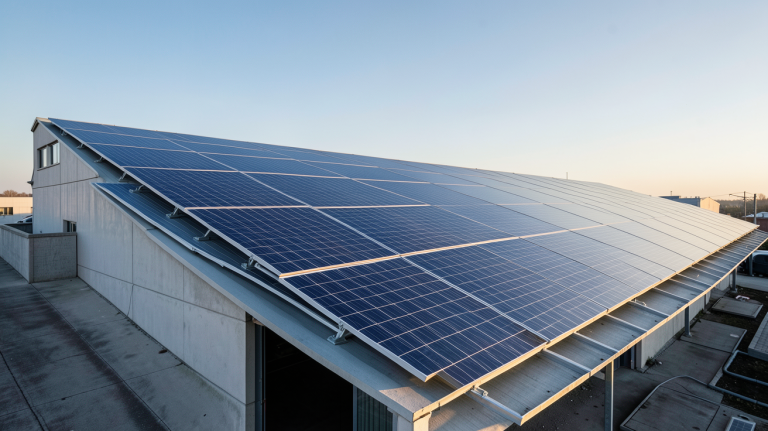 méga panneaux photovoltaïques installés sur le toit d'un bâtiment industriel