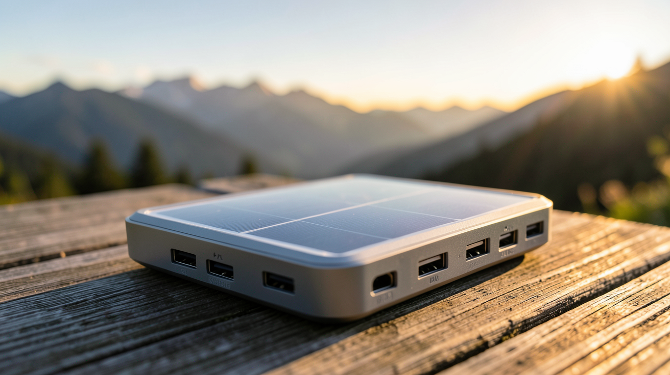 meilleur chargeur solaire portable posé sur une table en bois en plein air avec un coucher de soleil en arrière-plan
