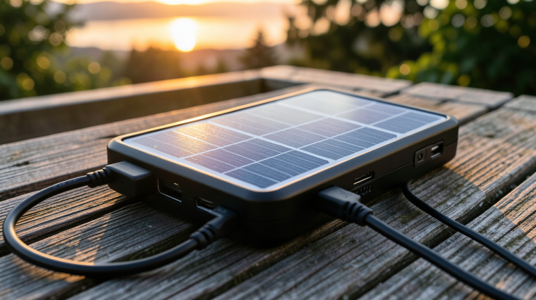 meilleur chargeur solaire portable posé sur une table en bois extérieur avec lumière naturelle