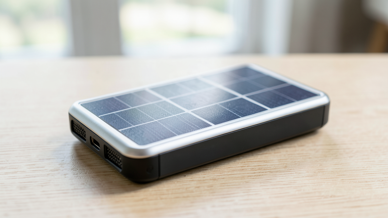 meilleur chargeur solaire portable haut de gamme posé sur une surface en bois clair