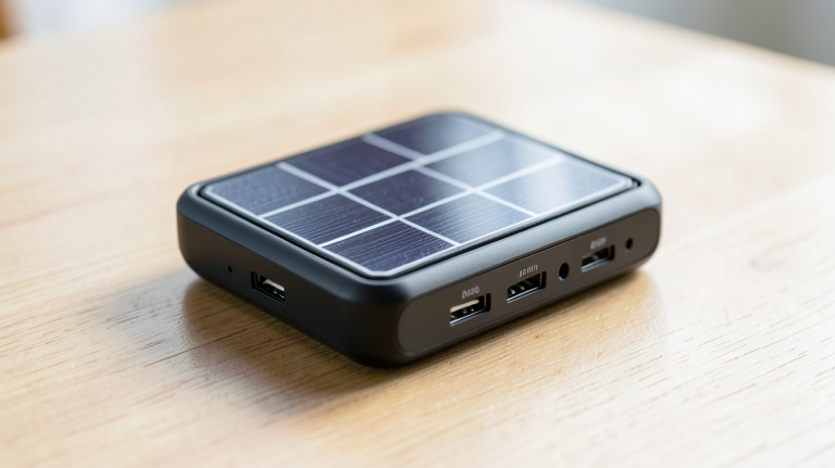 meilleur chargeur solaire portable compact posé sur une surface en bois clair