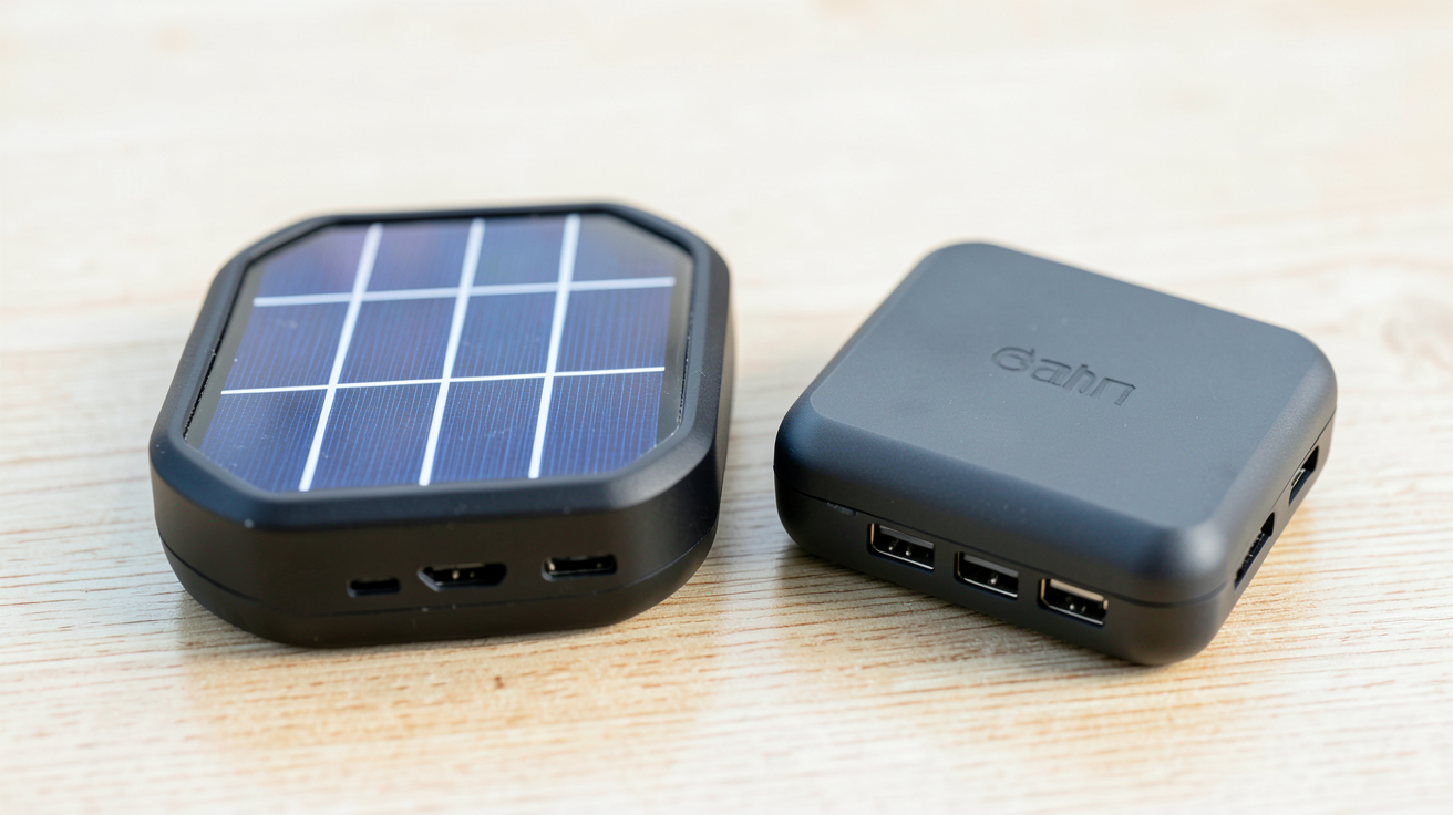 meilleur chargeur solaire portable comparé à une batterie externe classique posés sur une table en bois