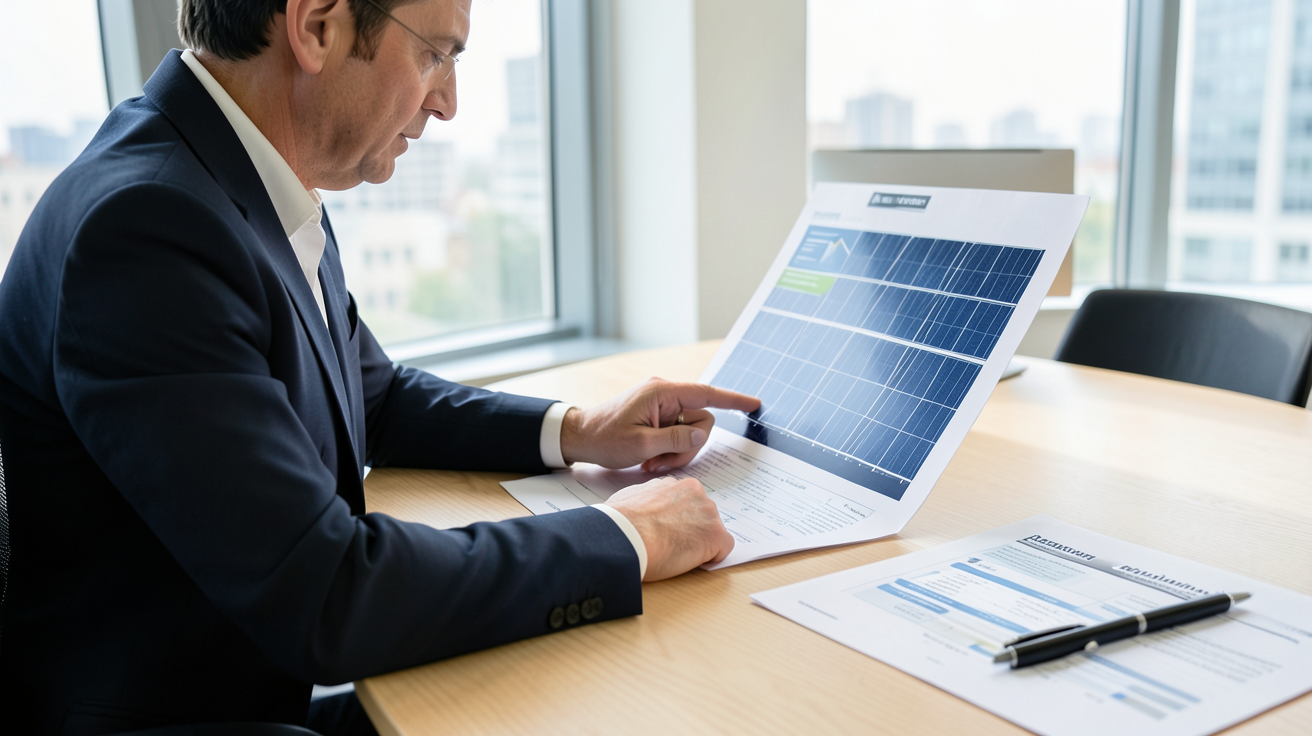meilleur entreprise panneau solaire analysant un devis d'installation photovoltaïque dans un bureau moderne