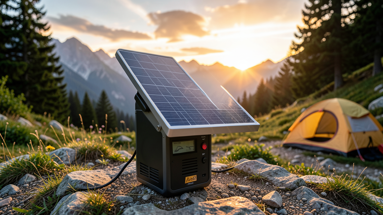 meilleur générateur solaire portable utilisé lors d'un camping en montagne au coucher du soleil