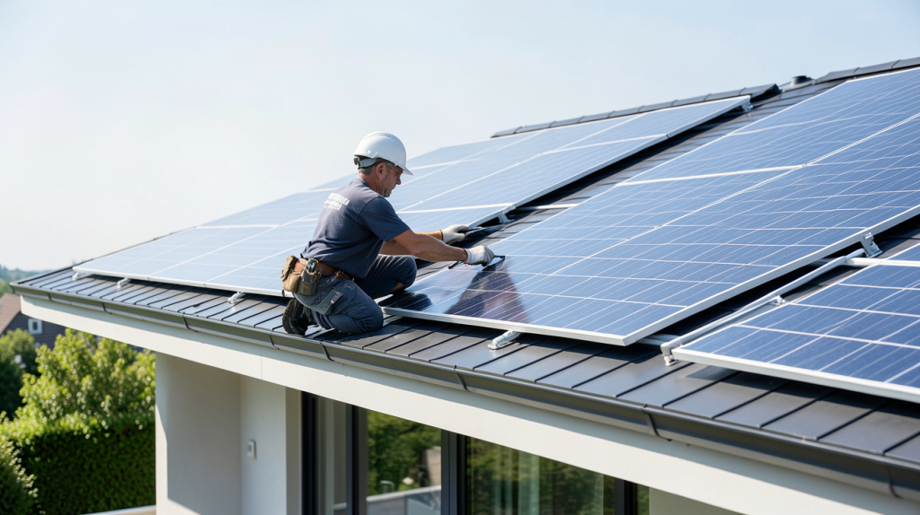 meilleur installateur panneau solaire posant des modules photovoltaïques sur un toit résidentiel ensoleillé