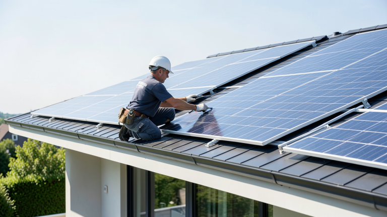 meilleur installateur panneau solaire posant des modules photovoltaïques sur un toit résidentiel ensoleillé