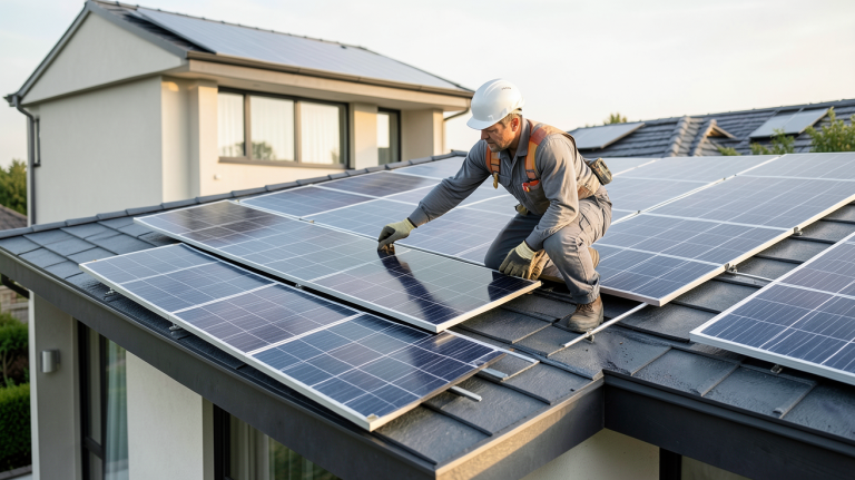 meilleur installateur panneaux photovoltaïques installant des panneaux sur un toit résidentiel