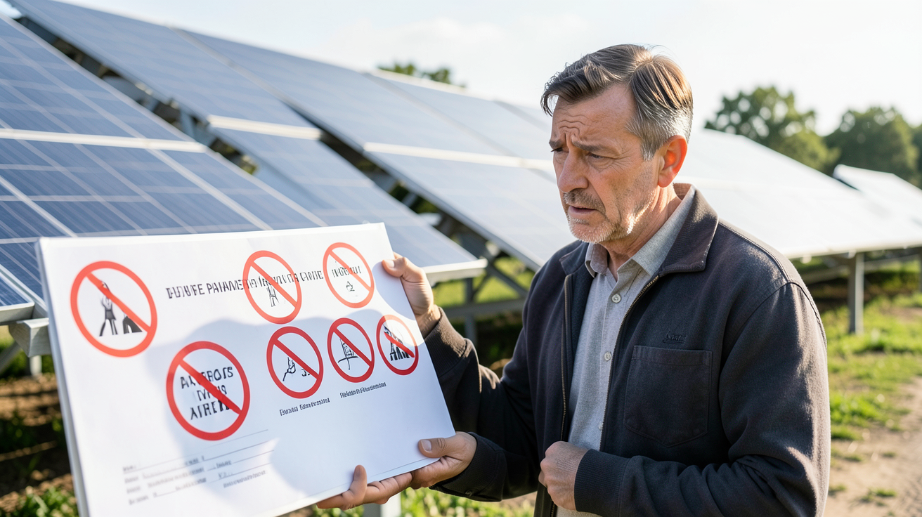 meilleur installateur panneaux photovoltaïques montrant un propriétaire vérifiant un contrat avec des avertissements contre les arnaques