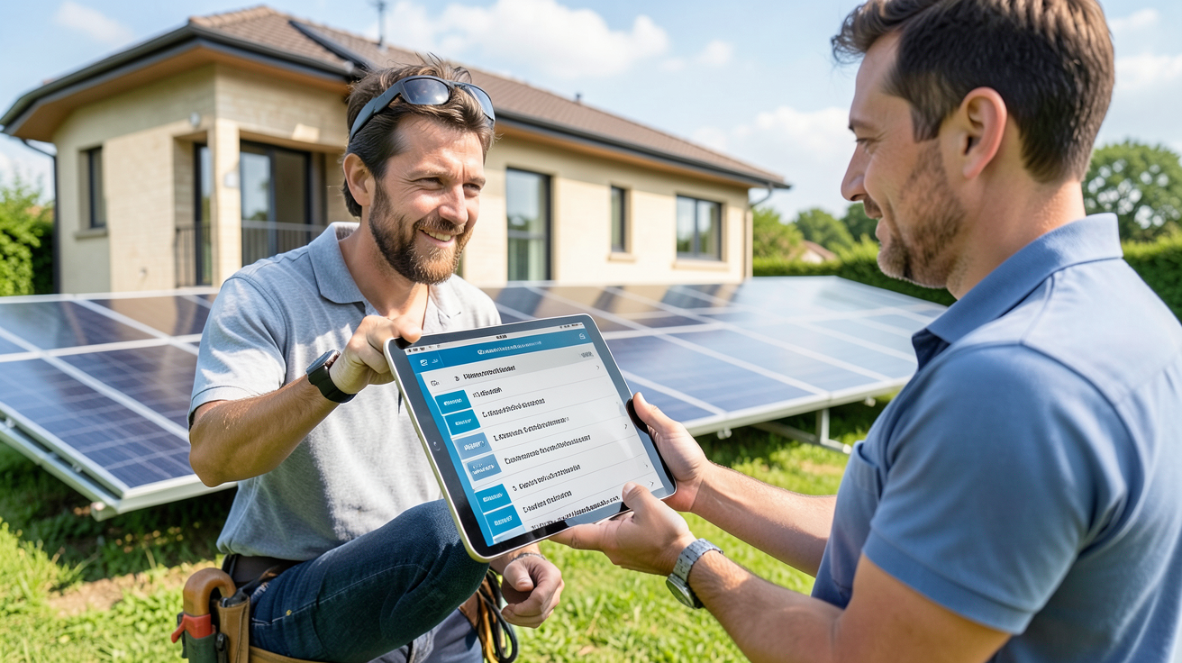 meilleur installateur panneaux photovoltaïques montrant une liste des dix critères d'évaluation sur une tablette