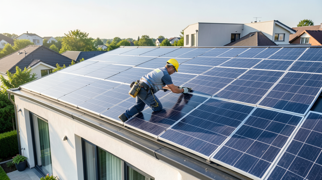 meilleur installateur photovoltaïque vérifiant les panneaux solaires sur le toit d'une maison moderne