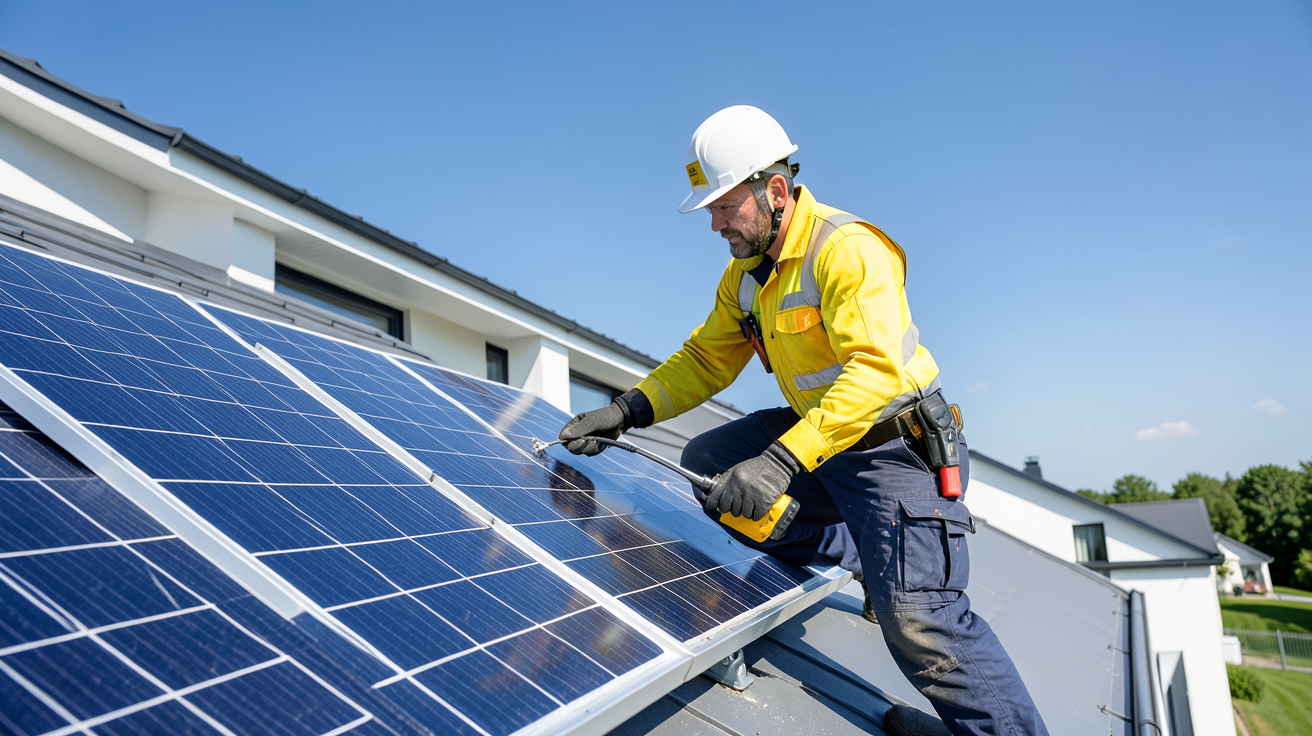 meilleur installateur photovoltaïque professionnel en train d'installer des panneaux solaires sur le toit d'une maison moderne