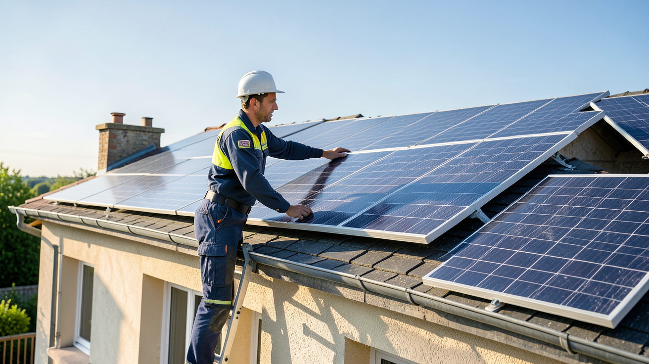 meilleur installateur photovoltaïque en train d'installer des panneaux solaires sur un toit résidentiel en France